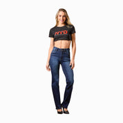 Electric Blue Foil Jeans Rectos para Mujer